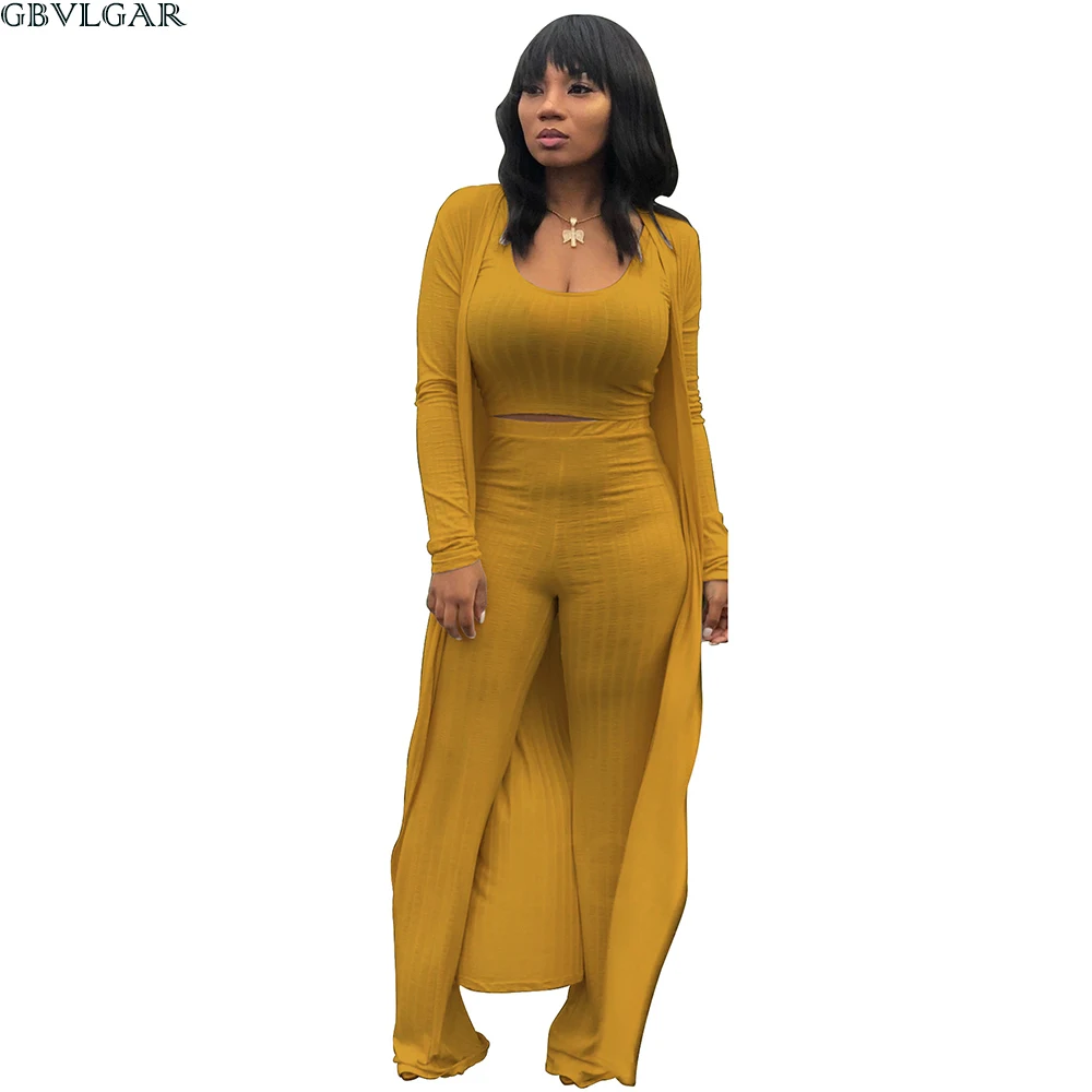 

Autumn And Winter Three Piece Matching Suit Casual Winter High Elastic Crop Top And Wide Leg Pants And Long Cardigan Women Sets
