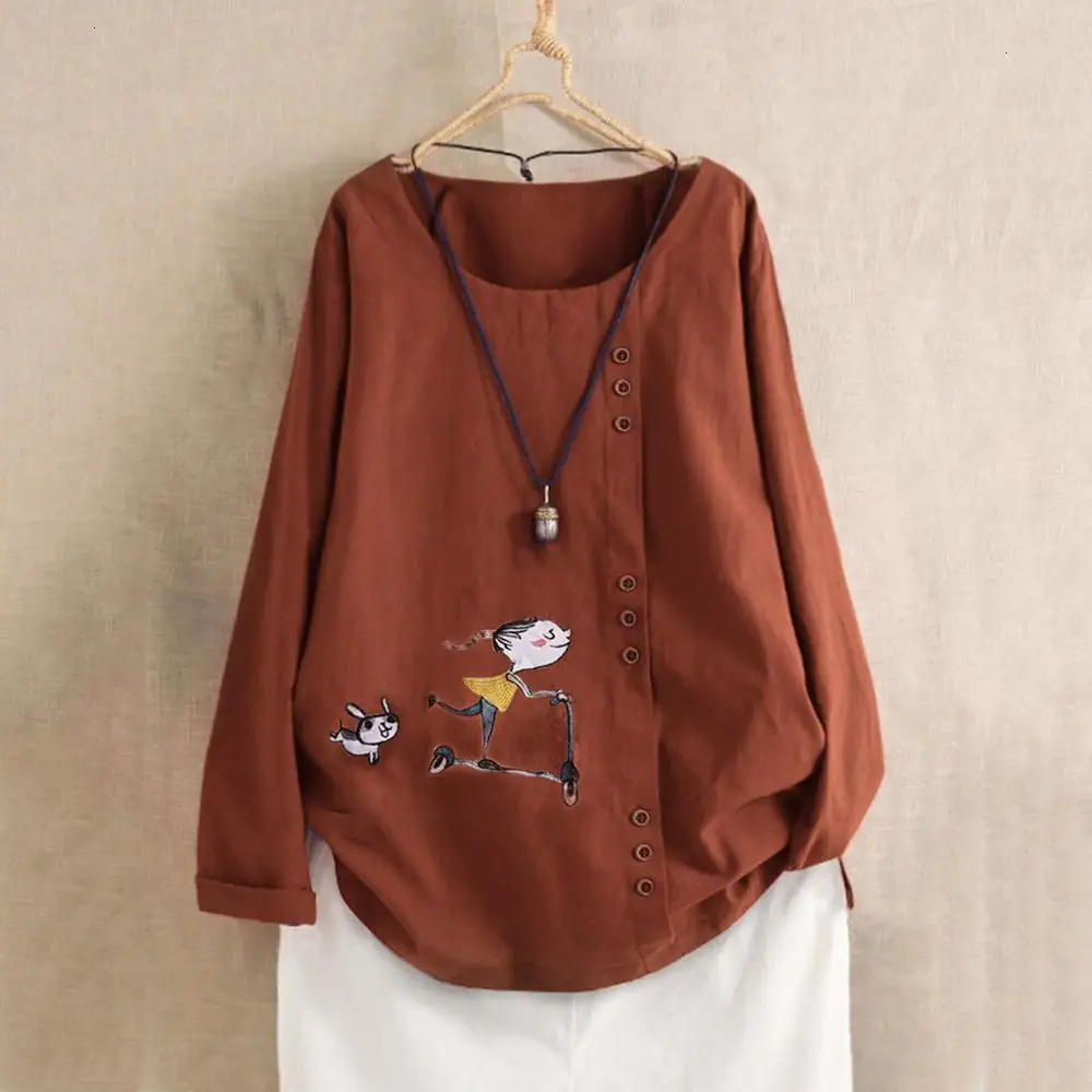 5XL Women’s autumn cartoon print Plus Size Blouse female O-Neck Print Loose Button Long Sleeve loose Tops fashion clothes white |