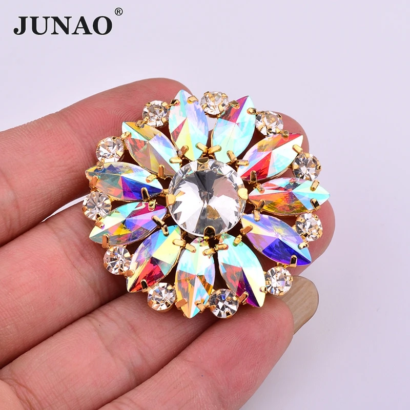 JUNAO-43mm-Big-Sewing-Crystal-AB-Claw-Rhinestones-Applique-Flower-Flatback-Strass-Sew-On-Glass-Stones