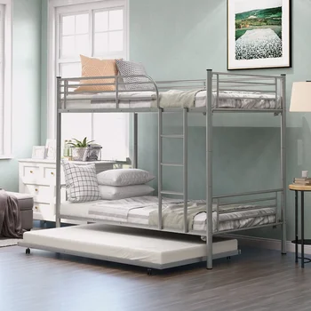 

Twin Over Twin Beds Frame Metal Bunk Beds with Trundle, Ladder, Bedroom Sets Home Office Furniture,Black White Gray