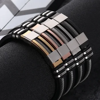 

2018 Stainless Steel Silicone Black Bracelet Men WristBand Punk Style New Design Men Bracelet Simple Rubber Charm Pulsera Hombre