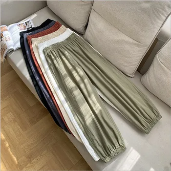 

Women Summer Flax Ninth Pants Cotton and linen Trousers High Waist Lady's jogger pants Loose and Comfortable Girls Casual Cloth