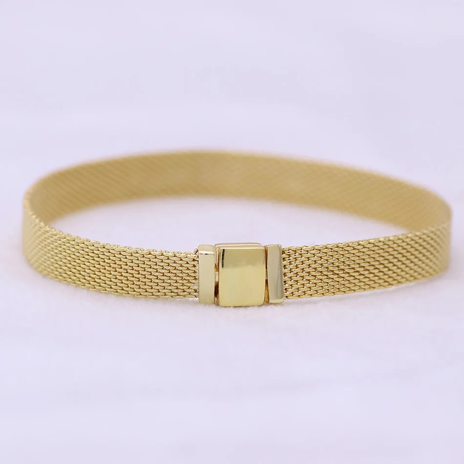 Золотой блестящий тканый сетчатый Браслет reflexions, браслет, подходит для бусины из стерлингового серебра 925, Браслет-Шарм, Европейский Diy ювелирное изделие