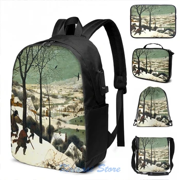 

The Hunters in the Snow (1565) Pieter Bruegel the Elder USB Charge Backpack men School bags Women bag Travel laptop bag