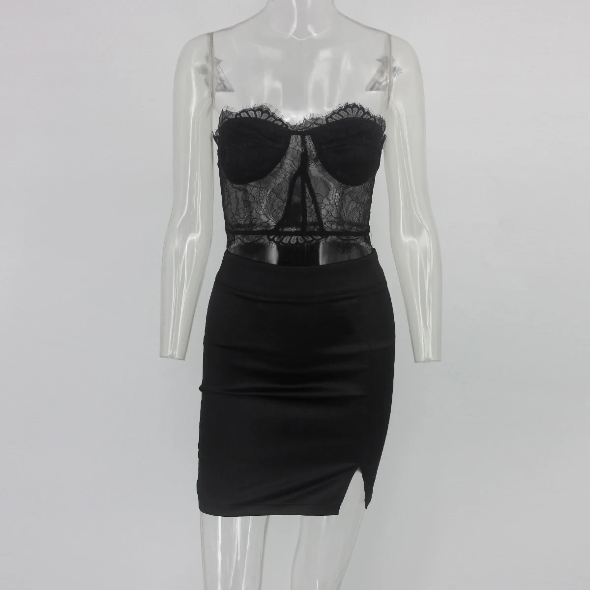 Dressmecb, сексуальный комплект из двух предметов, без бретелек, с открытой спиной, черный кружевной короткий топ и юбка, летний женский комплект 2 шт. наряд