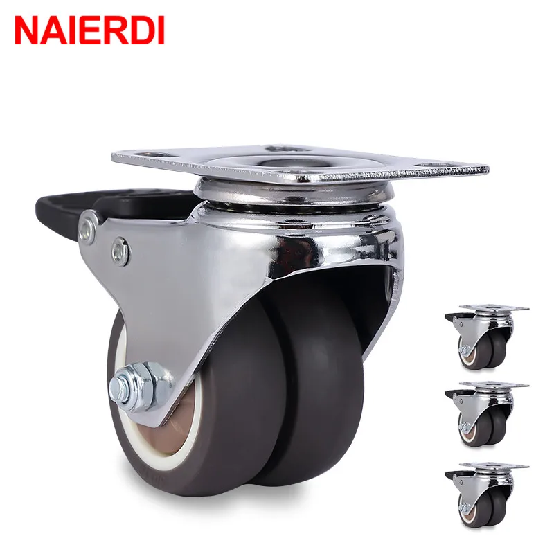 Naierdi-rodízios para Móveis Giratórios Heavy Duty Rolo de Borracha Macia Rodas com Freio para Carrinho de Plataforma 1.5 in in Pcs