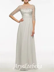Sheath / Column Mother of the Bride Dress Elegant & Luxurious Bateau Neck Sweep / Brush Train Chiffon Half Sleeve with Crystals
