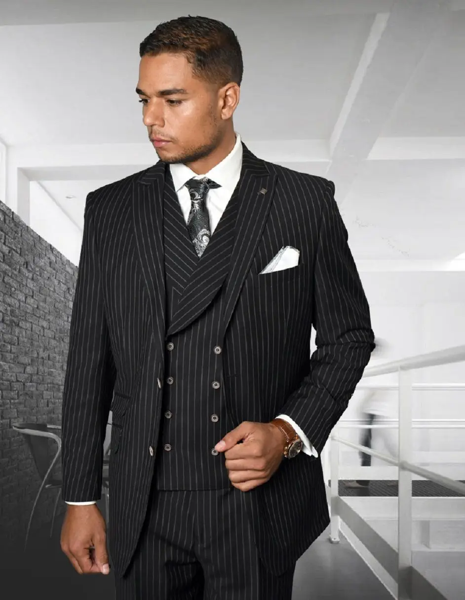 Handsome Mens Stripe Tuxedos Pants Suits Casual 3 Pieces Business Formal Wedding Grooms Party Made Vintage Blazer