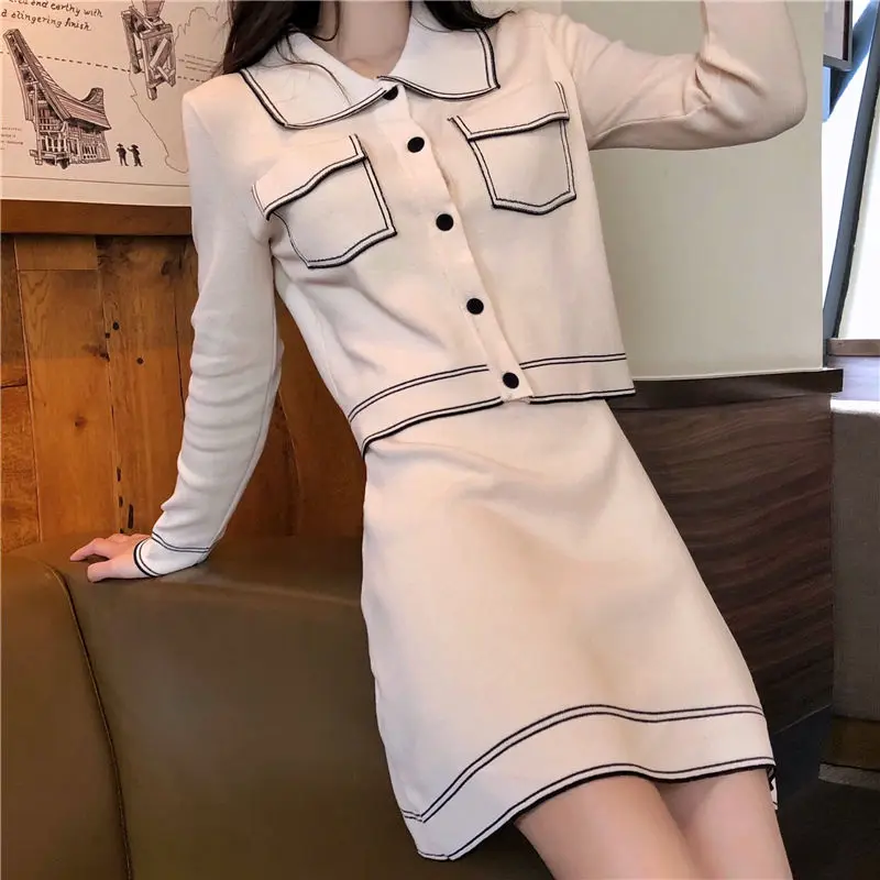 

2020 Knitted 2 Pieces Set Women Bottons Sweater Cardigan Tops & Knitted Skirts Elegant Office Lady 2PCS Suits Sets Autumn Winter