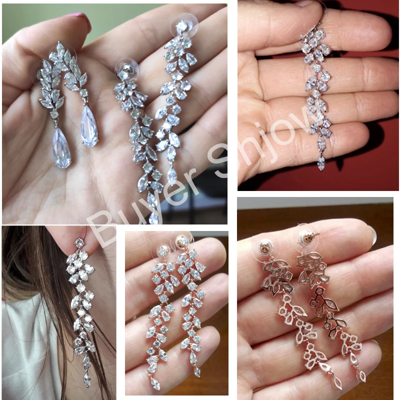 ZAKOL Newest CZ Zirconia Crystal Leaf Long Drop Earrings for Elegant Women Bridal Wedding Jewelry Accessories Gift FSEP2232