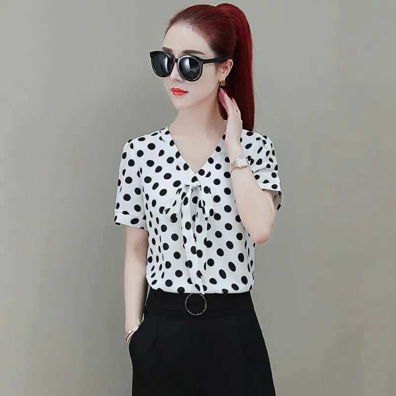 2019 Summer Sweet Slim Women’s Blouse Bow Decoration Polka Dot Chiffon Shirt V-Neck Casual Short Sleeve Women’s Blouse