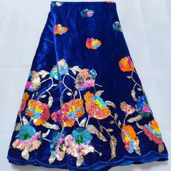 

Nigerian Lace Fabric 2020 High Quality Velvet Lace Fabric Royal Blue Embroidered Tulle Sequins African Velvet Lace Fabric 5Yards