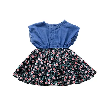 

Baby Girls Short Sleeve Dress Clothes 2020 Spring Summer New Girls Denim Stitching Floral Dress For 1-4 Years
