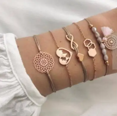 5 шт./компл. рисунок «сердечко»; карта с геометрическим рисунком, украшенная бусами и бахромой, набор с золотым браслетом Для женщин очаровательные вечерние свадебные ювелирные изделия аксессуары Подарки