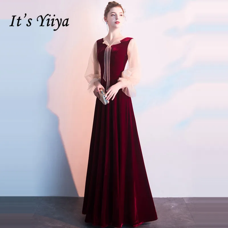 Это Yiiya Eveing платья v-образным вырезом длиной до пола три четверти рукав Robe De Soiree LF152 размера плюс длина до пола вечернее платье - Цвет: Бургундия