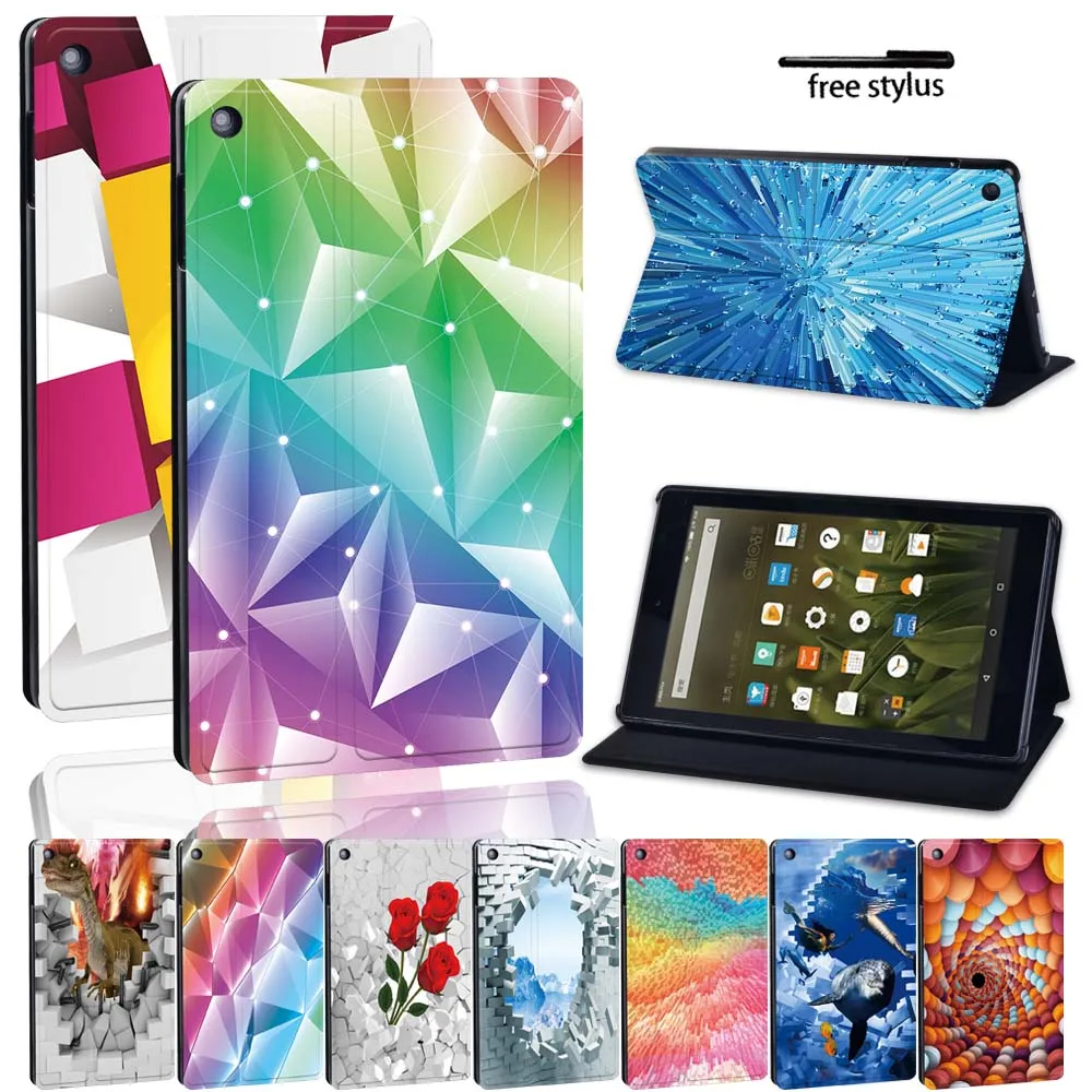 

Case For Fire 7 5/7/9th Gen/HD 8 6/7/8th/HD 10 (5/7/9th) Alexa - Printed 3D Art PU Leather Stand Tablet Folio Cover + Stylus