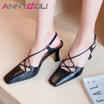 

ANNYMOLI Women Pumps Natural Genuine Leather High Heels Slingbacks Shoes Square Toe Thin Heel Shallow Shoes Summer White Size 40