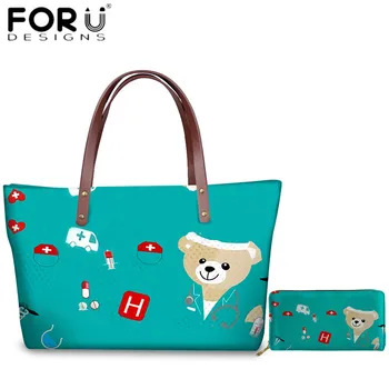 

FORUDESIGNS Cartoon Nurse Bear Print Tote Bags High Quality Shoulder Bag for Female Casual Handbag 2pcs/set Fashion Purse Wallet