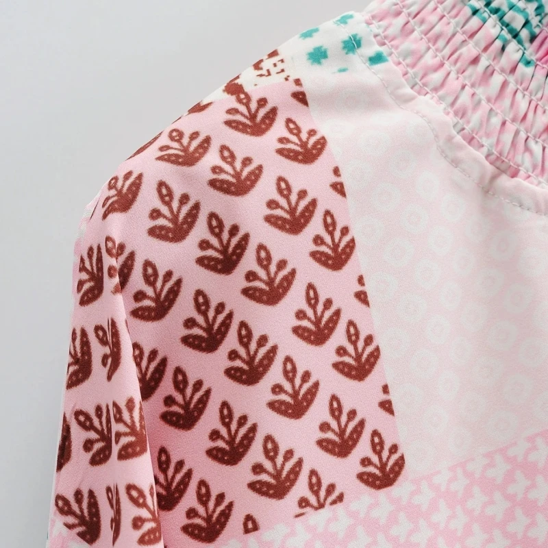 Woman Patchwork printing V-Neck Loose Midi dress Casual Femme Batwing Sleeve Dresses Lady Clothes Vestido D6366