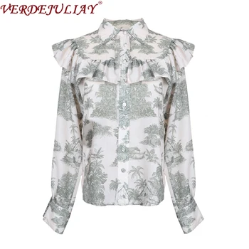 

VERDEJULIAY 2020 Spring Autumn Runway Fashion Blouse Women's Vintage Flower Print Ruffles Ethnic Office Party Shirt Top