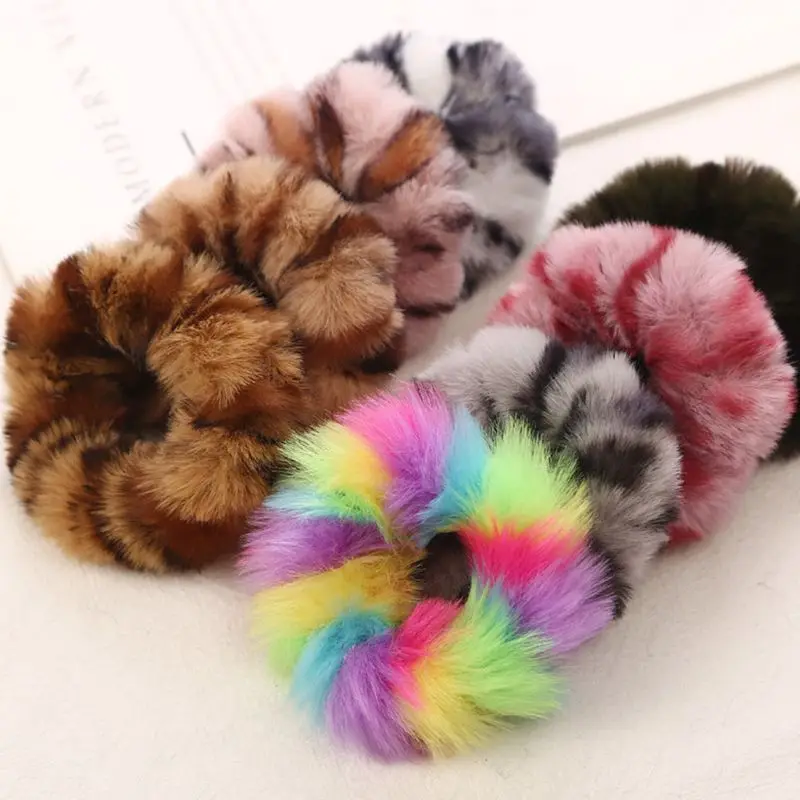 Women Winter Fluffy Plush Hair Tie Rope Sweet Pompom Ponytail Holder Scrunchies |