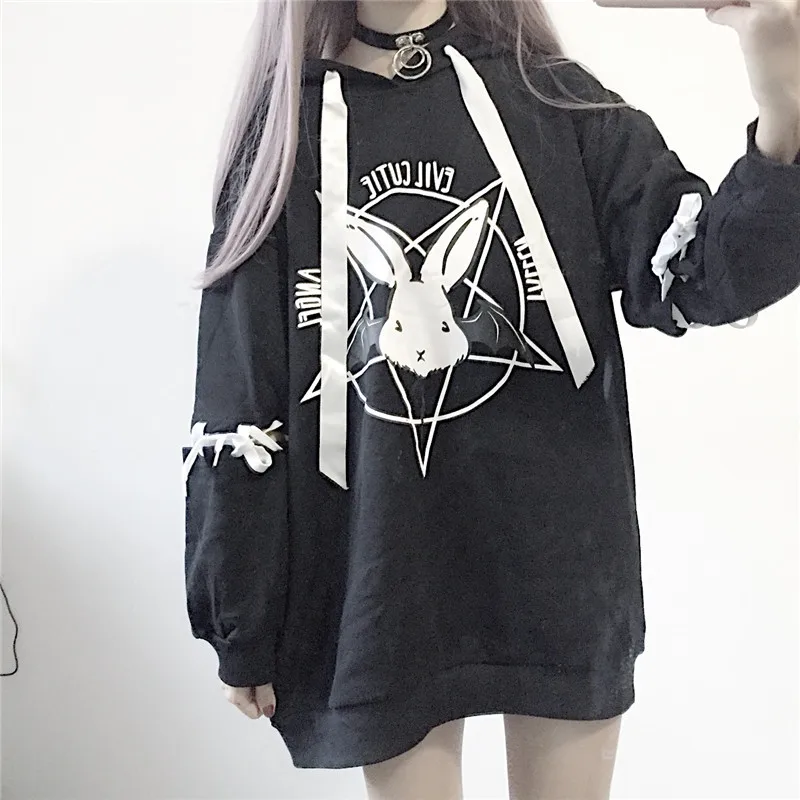 

Harajuku Hoodies Autumn Women 2020 New Print Lace Up Gothic Punk Oversize Tops Long Sleeve Hooded Sweatshirt Pullover Streetwear