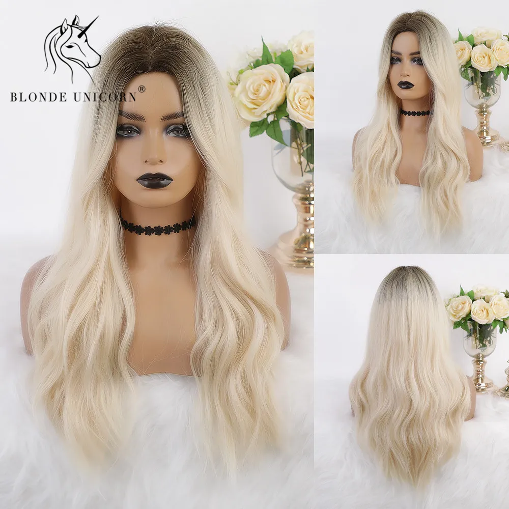 

Blonde Unicorn Synthetic Long Natural Wave Wig Brown Root Ombre White for White Women Heat Resistant Fibre Cosplay Daily Hair