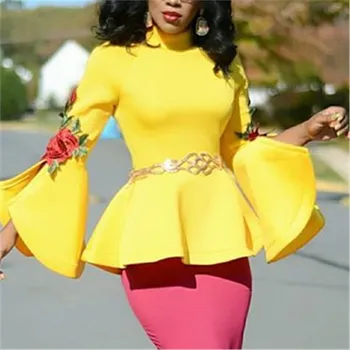 

Women Blouse Yellow Tops Shirts Peplum Flare Sleeve Slim Party Wear Fashion Elegant Lady Bluas