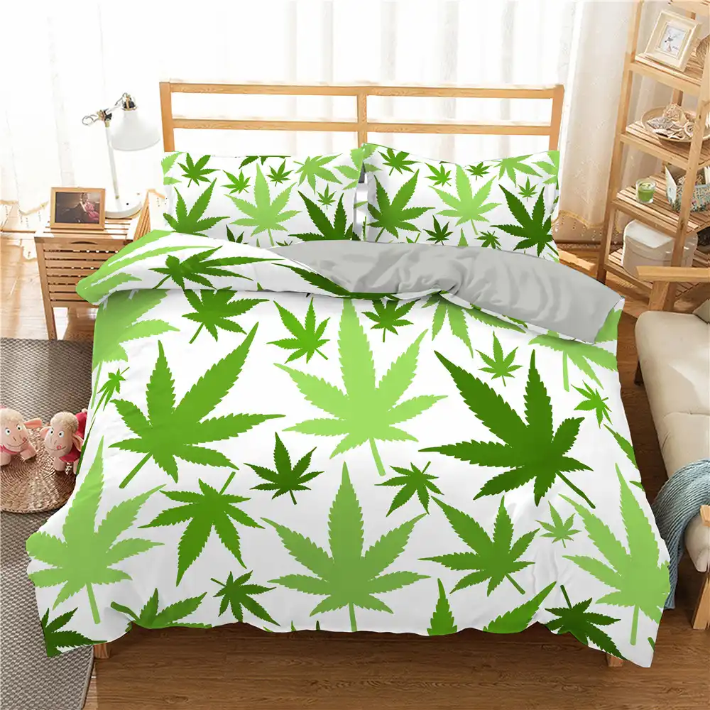 Homesky jogo de cama de folhas tropicais, conjunto de cama de caseiro com folhas de maconha, tamanho queen, capa de edredão conjunto de