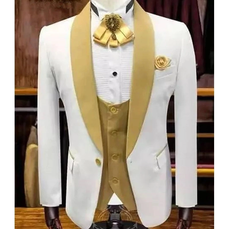 White Wedding Tuxedo for Groom with Gold Shawl Lapel 3 Piece Custom Slim Fit Men Suits Set Jacket Vest Pant Male Fashion Clothes | Мужская