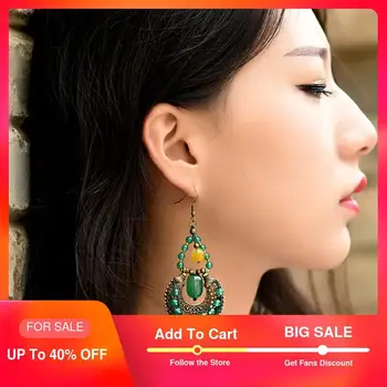 

ethnic drop long dangle earrings for women green yellow stone bronze alloy hanging copper plated hook style vintage jewelry