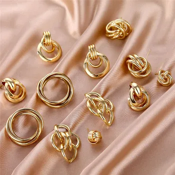 

EN Multilayer Copper Alloy Geometric Earrings For Women Vintage Statement Twisted Metal Stud Earrings Fashion Wedding Jewelry
