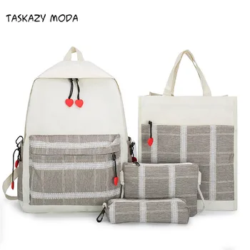 

4Pcs/Set School Backpack Bookbag for Women 2020 Summer New Fashion Plaid Students School Shoulder Bags Canvas Laptop Backpacks