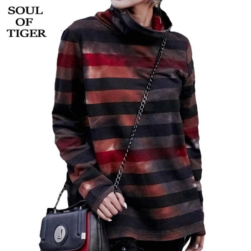 SOUL OF TIGER Новые корейские модные зимние теплые повседневные топы, женские полосатые футболки с высоким воротом, Женские винтажные хлопковые футболки