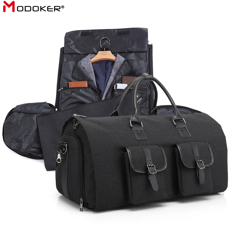 Modoker Black Men Travel Bag Organizer Casual Business Pack Male Vacation Duffel Package Shouder Daypack Durable Garment Bag
