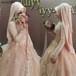 Изящные фатиновые Бальные платья с высоким воротником и вырезом, Арабские исламские Свадебные платья с кружевной аппликацией из бисера