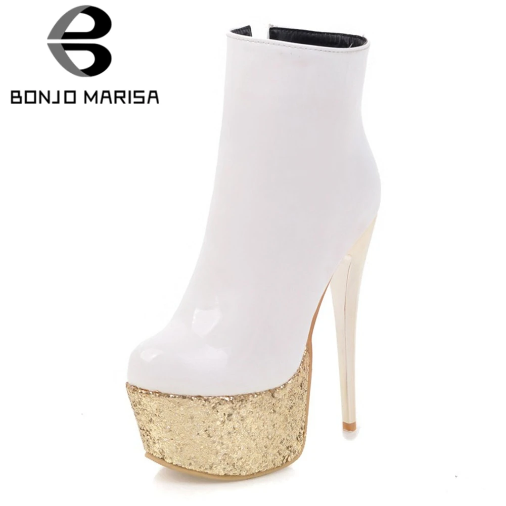 

BONJOMARISA New Spring Lady Fashion Party Super High Heels Boots Cool Patent PU Ankle Boots Women 2020 High Platform Shoes Woman