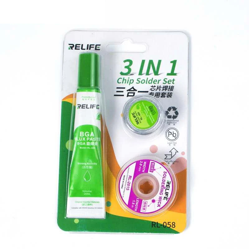

The Newest RELIFE 3 in 1 Chip Solder Set Soldering Wick Flux Paste No-Clean Special Leaded Solder Paste for IC Chip Repair Tools