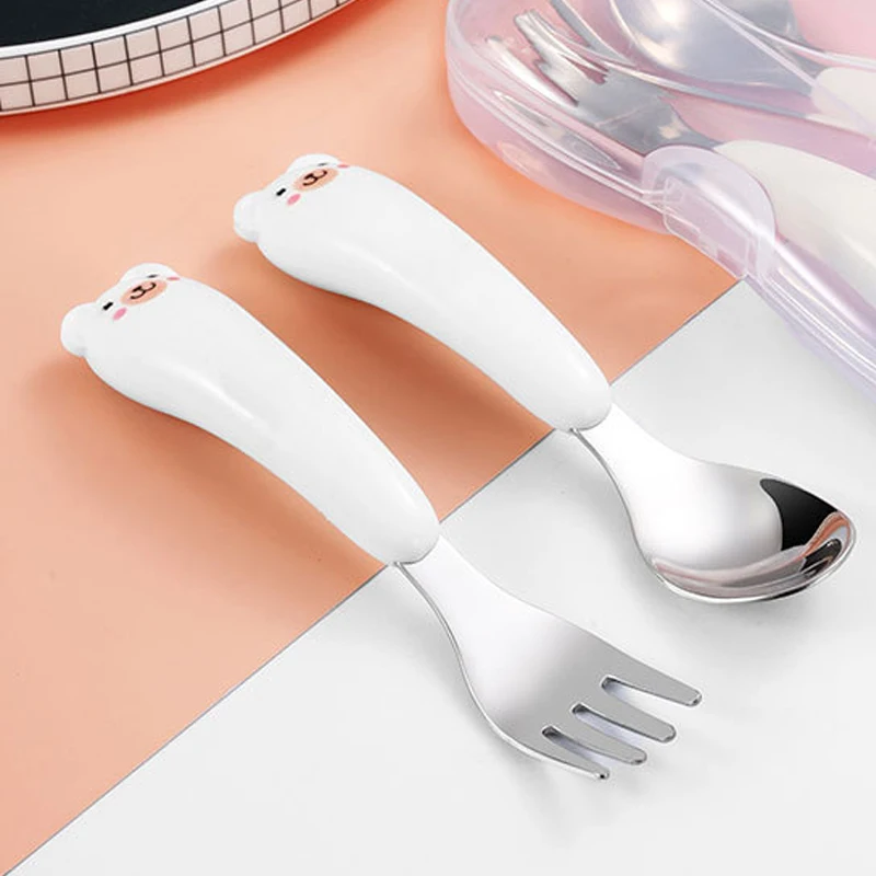 

Cartoon Bright White Stainless Steel Fork Spoon Set Non-slip Grasp ABS Handle Kids Training Utensils Feeding Tableware Cutlery