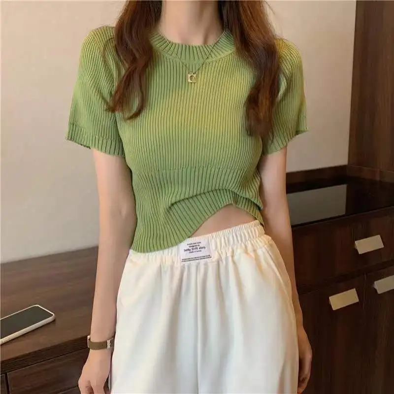 Summer Slim Thin Round Neck Solid Color Knitted Short-sleeved Pullover T-shirt Spring And Autumn New Fashion Bottoming Top