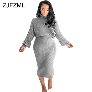 

Solid Knitted Two Piece Sweater Set Women Clothes 2019 Turtleneck Full Sleeve Oversize Sweaters + Maxi Pencil Skirt Fall Outfits