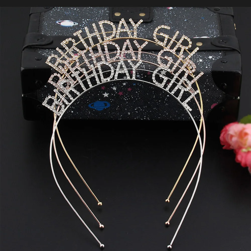 

Women Girls Metal Alloy Thin Headband Imitation Crystal Rhinestone Birthday Letters Hair Hoop Party Styling Crown Photo Props