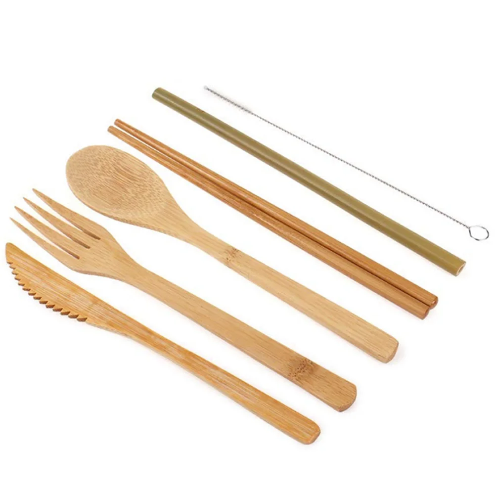 Bamboo Picnic Straw Eco-friendly Spoon Fork Chopstick Cutlery Set With Cloth Bag Kitchen Utensil Knife Natural Travel Portable