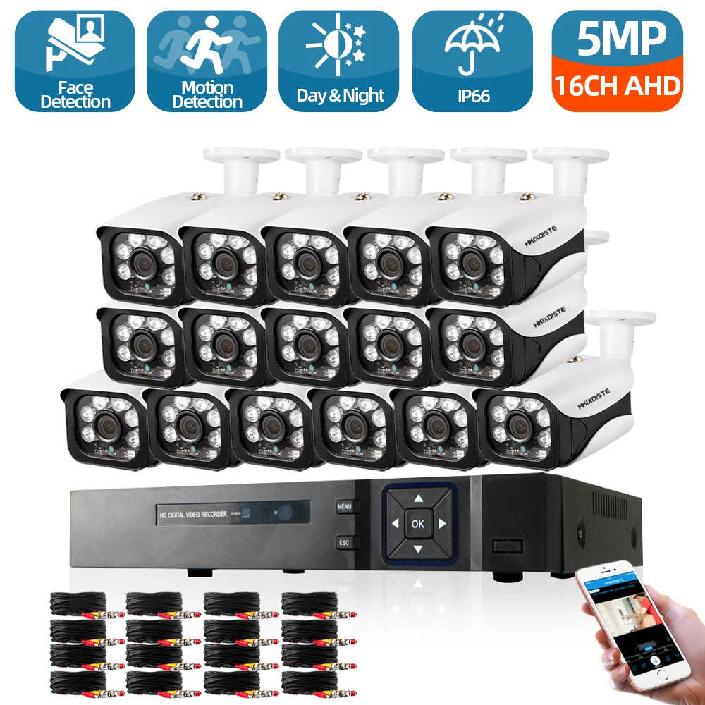 HKIXDISTE H.265 16CH 2MP 5MP AHD DVR CCTV Security System Kits 16PCS IR Outdoor 5.0MP Camera P2P Video Surveillance Set | Безопасность и