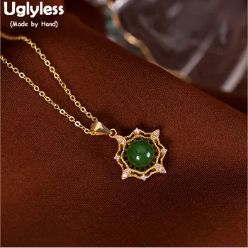 

Uglyless Shinning Crystal Sun Necklaces for Women Natural Green Jade Pendants +Chains 925 Silver Crystals Real Gold Jewelry P756