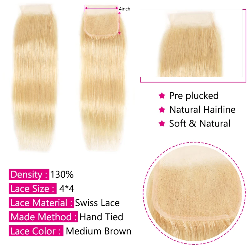 Beauty forever Blonde#613 бразильские прямые человеческие волосы 4*4 часть Remy человеческие волосы швейцарское кружево