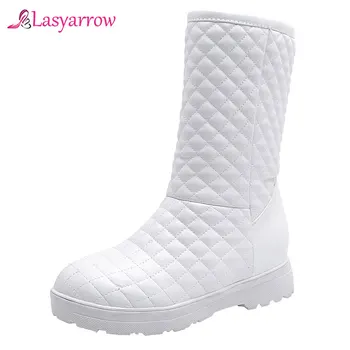 

Lasyarrow plus size 33-50 fashion mid calf boots women round toe slip on flat winter boots casual keep warm snow boots womens