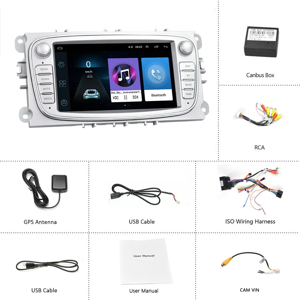 Camecho Android 8.1 2 Din Car radio Multimedia Video Player Universal GPS auto for Ford Focus Mondeo C-MAX S-MAX Galaxy II Kuga - Цвет: Silver Car Radios