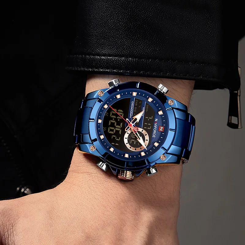 Naviforce Мужские часы с синим циферблатом, аналоговые цифровые мужские часы со светящимся циферблатом, мужские наручные часы, спортивные часы для мужчин, деловые часы