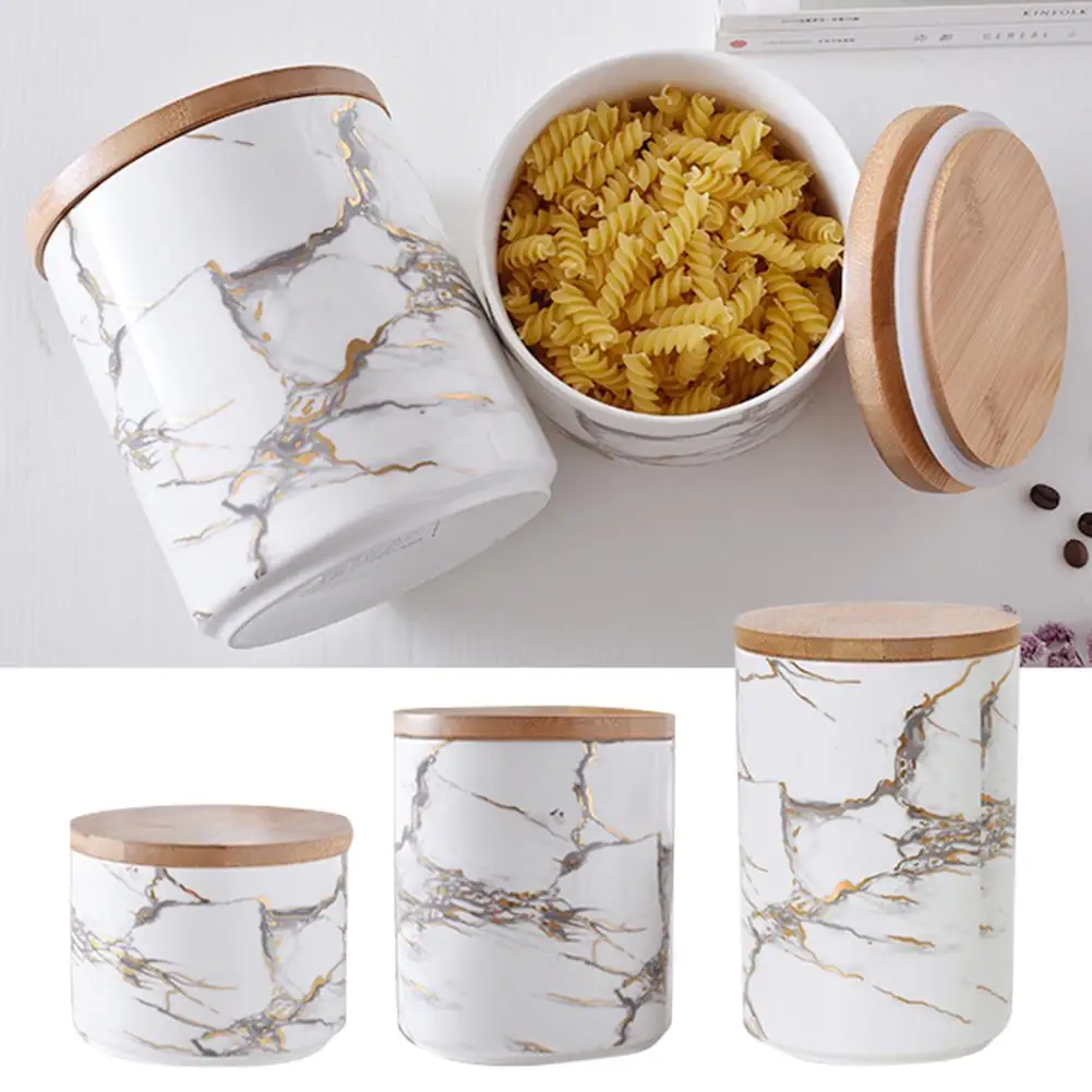 

Marble Pattern Storage Bottles With Wooden Lid High-level Salt And Sugar Storage Tanks Whole Grains Cans Home Organizer